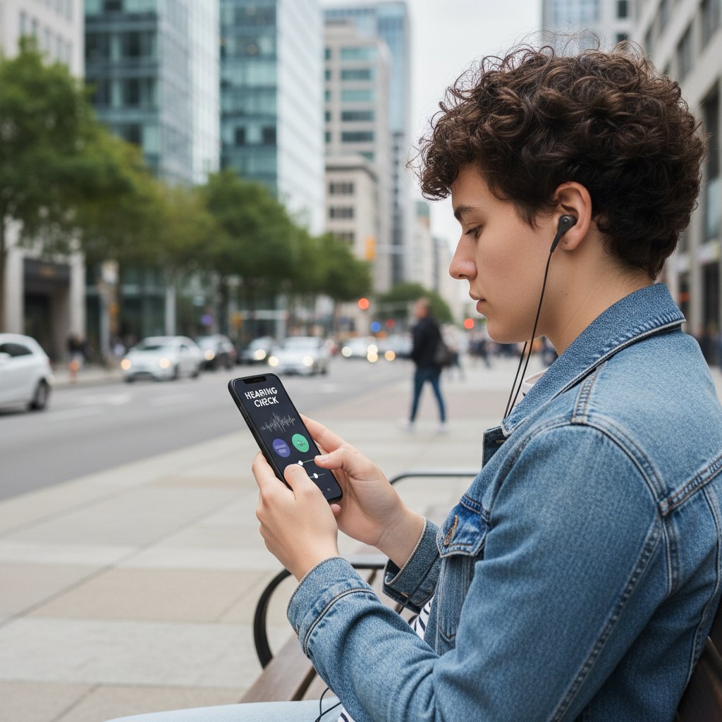 Młoda osoba korzystająca z aplikacji do testowania słuchu w telefonie