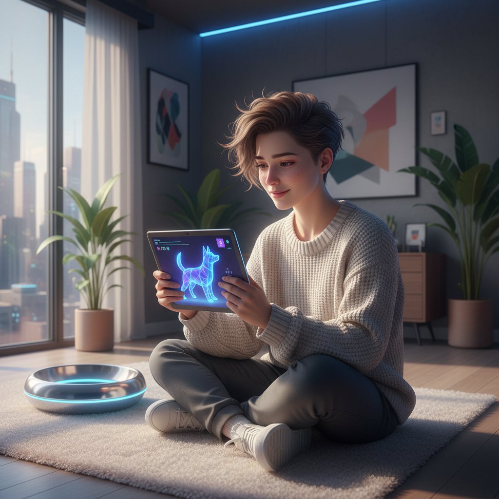 Junge Person in moderner Wohnung interagiert mit digitalem Hund auf Tablet; Hundesimulator online mit emotionaler Verbindung im Fokus