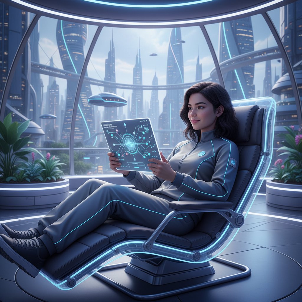 Młoda osoba korzystająca z nowoczesnej aplikacji wsparcia emocjonalnego na tablecie, futurystyczne otoczenie, zdrowie psychiczne 2025