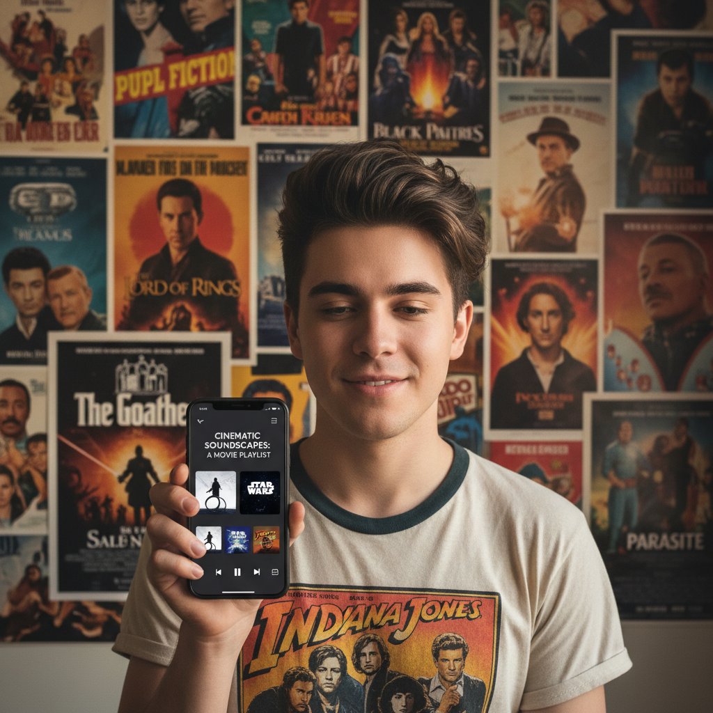 Young person creating a movie-inspired playlist on smartphone, posters of famous films in the background