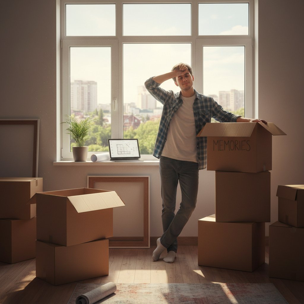 Młoda osoba siedząca na podłodze otoczona kartonami, zmęczenie, nowy początek, adaptacja