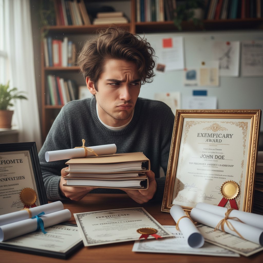 Młoda osoba z wieloma certyfikatami online w ręku, z wyrazem zwątpienia na twarzy