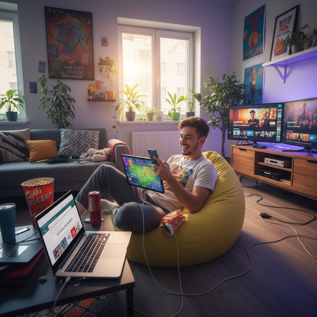 Młoda osoba korzysta z trzech urządzeń jednocześnie, szukając rozrywki online