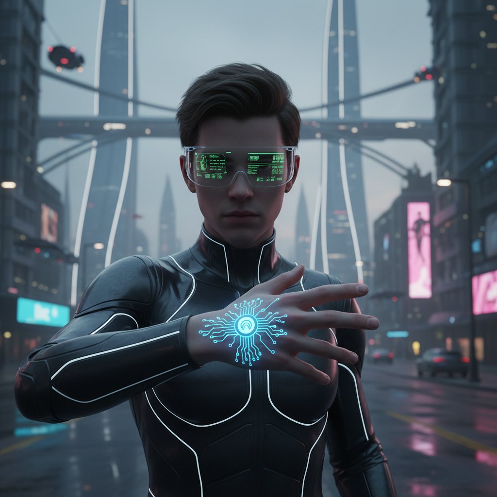 Młoda osoba z chipem pod skórą, patrząca w obiektyw – transhumanizm Polska