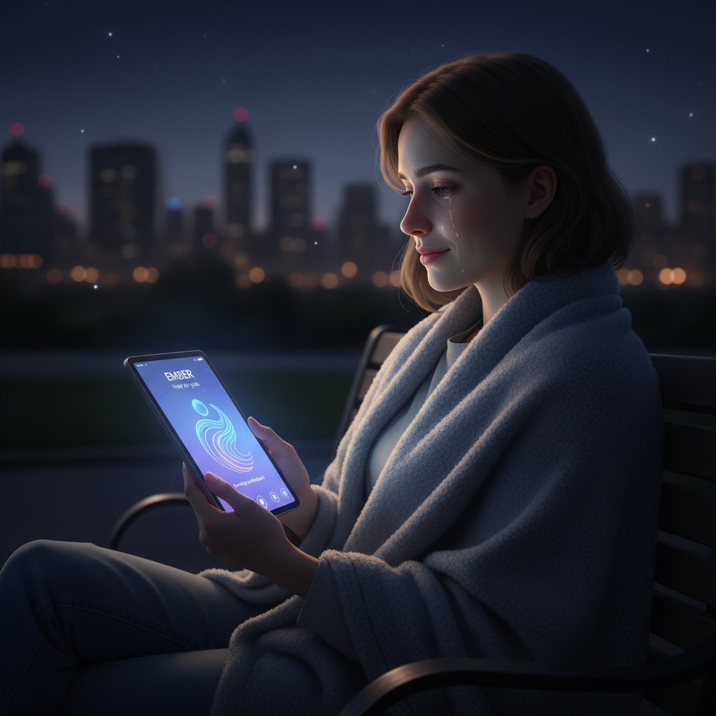 Junge Person nutzt nachts eine KI-App mit leuchtendem Display als emotionale Unterstützung