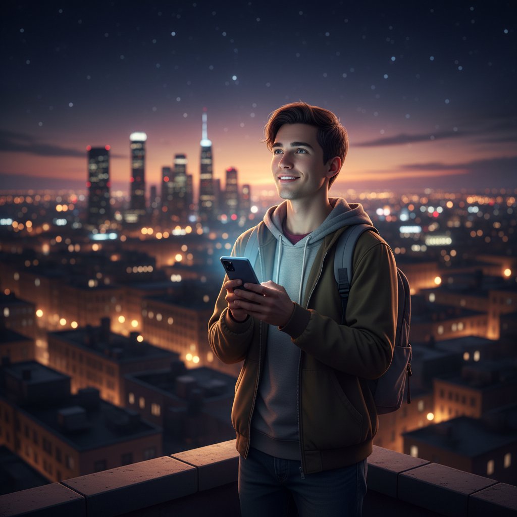 Młoda osoba nocą z telefonem, nadzieja i ciekawość, miasto w tle, początek przygody z rozmowami online po polsku