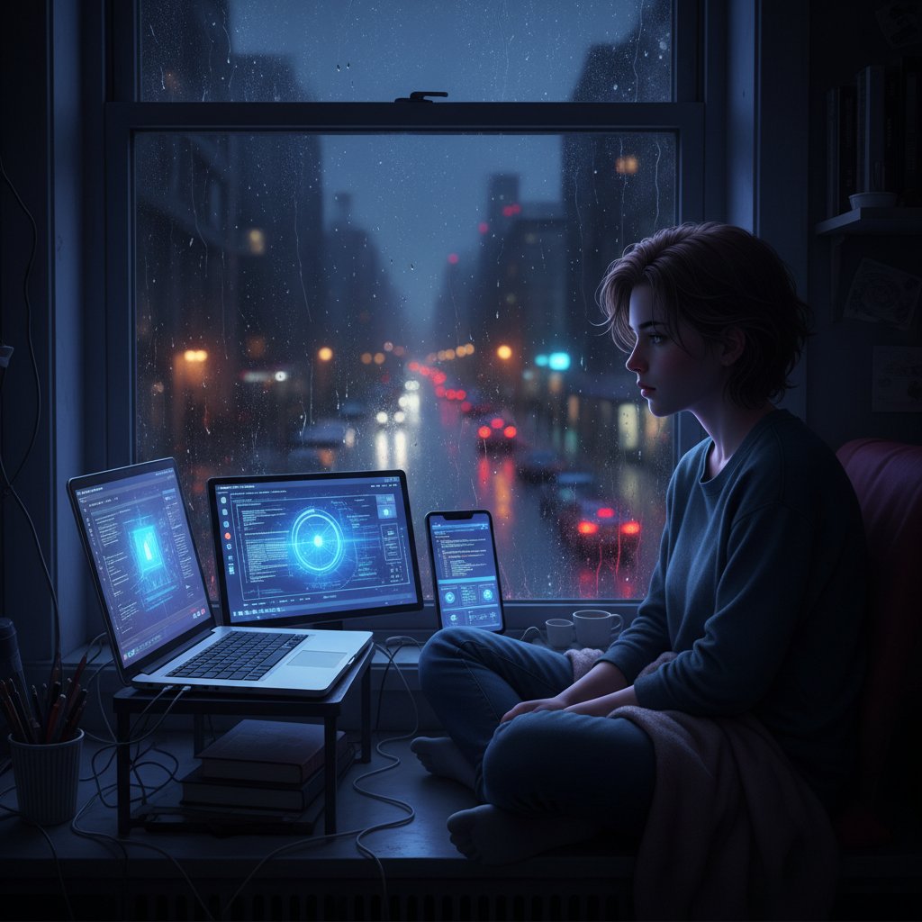 Młoda osoba siedząca samotnie na łóżku w nocy, otoczona ekranami, symbolizuje lęk i samotność