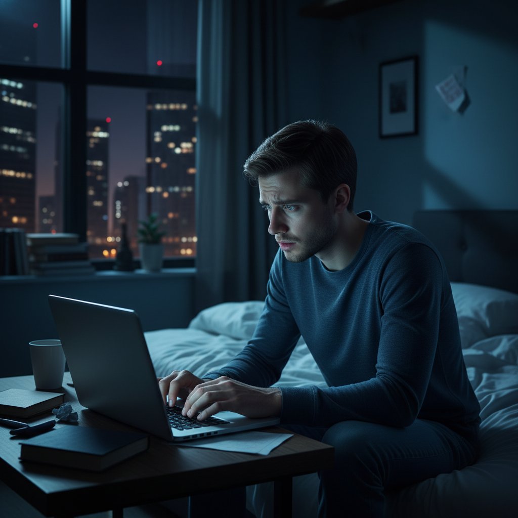 Młoda osoba z Polski siedzi nocą przy laptopie, twarz oświetlona niebieskim światłem, wyraźny niepokój; tło miejskiego mieszkania, mocny klimat