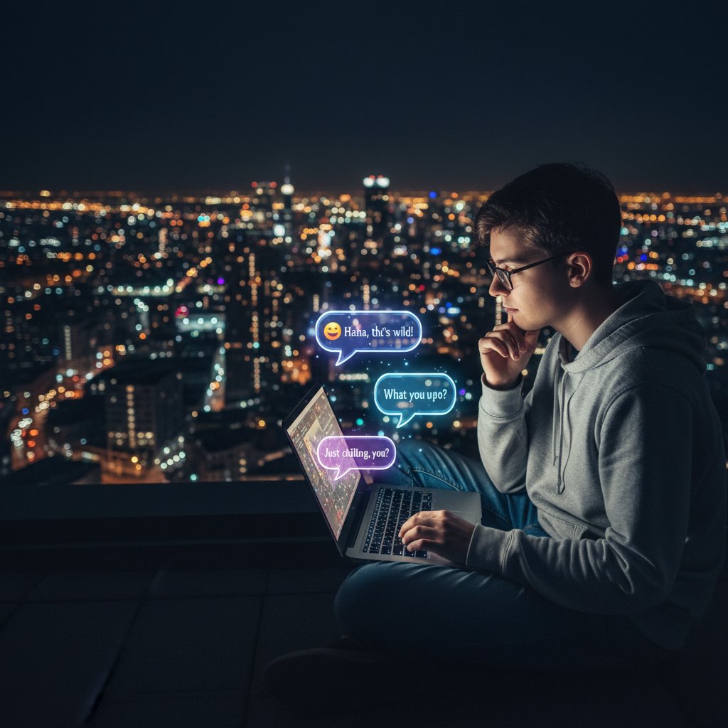 Młoda osoba samotnie korzystająca z laptopa nocą, rozmowy online z polskimi motywami w tle