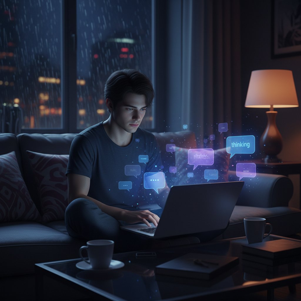 Młoda osoba przy laptopie wieczorem, otoczona cyfrowymi dymkami rozmów, symbolizująca stres online