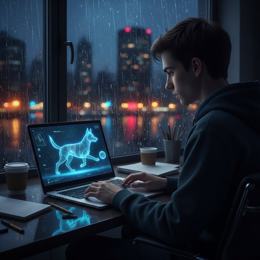 Młoda osoba samotnie korzystająca z laptopa w nocy, piesek online na ekranie, klimat miasta i deszczu