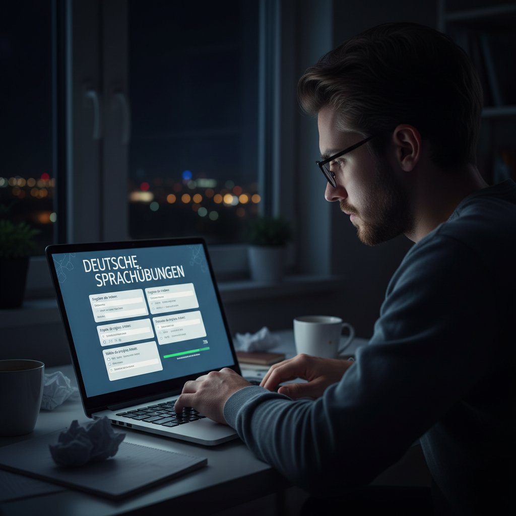 Niemiecki ćwiczenia online – młody człowiek nocą przy laptopie, intensywnie uczący się niemieckiego