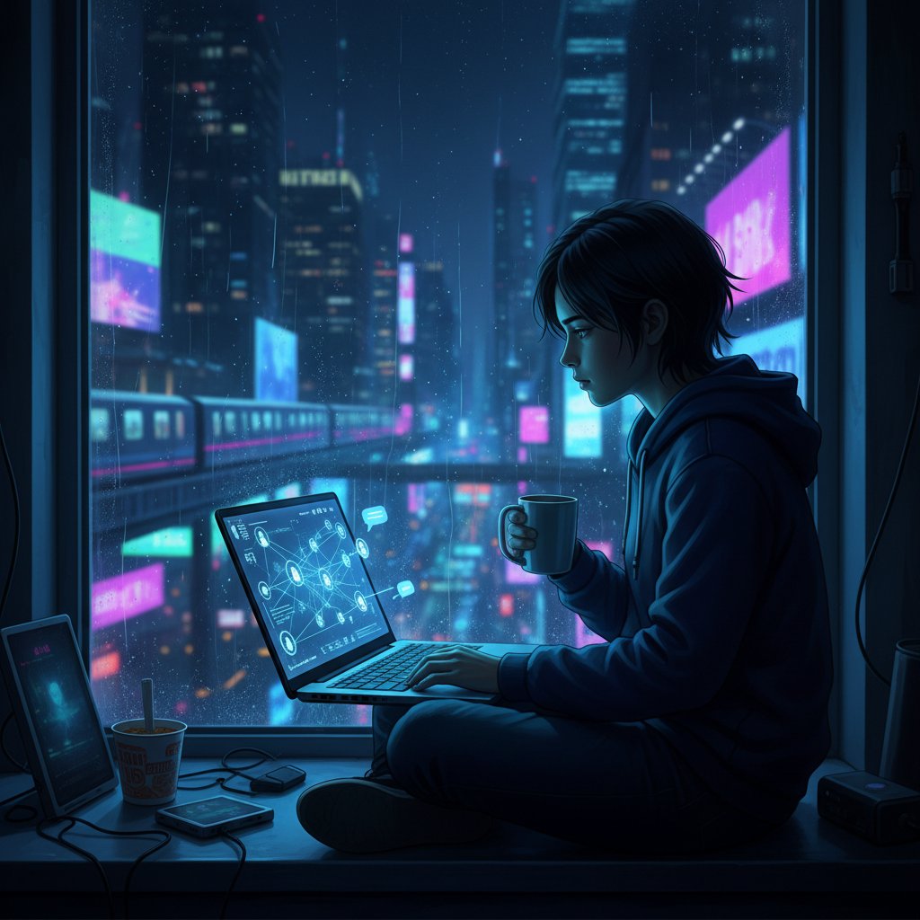 Młoda osoba nocą siedzi przy laptopie w neonowej scenerii, symbolizując anonimowy czat bez rejestracji