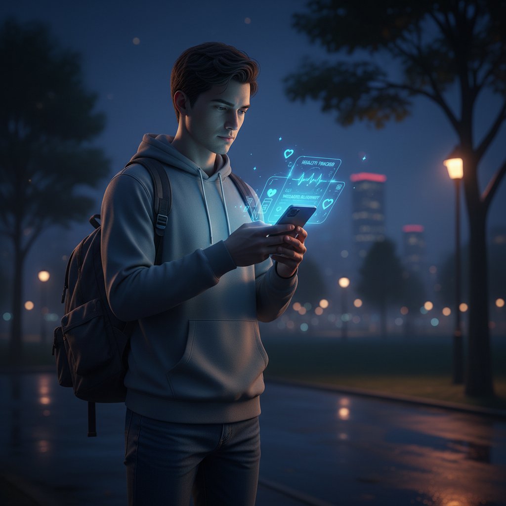 Zdjęcie młodej osoby w nocy korzystającej z telefonu, na ekranie aplikacja zdrowotna, twarz oświetlona niebieskim światłem