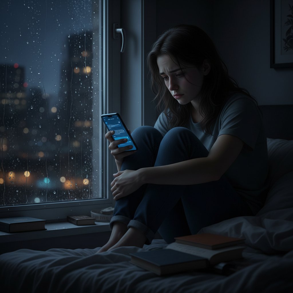 Junge Person sitzt nachts allein am Fenster, nur das Smartphone beleuchtet das Gesicht, Chat-App geöffnet, Atmosphäre melancholisch und nachdenklich, mit digitalem Herzsymbol im Licht