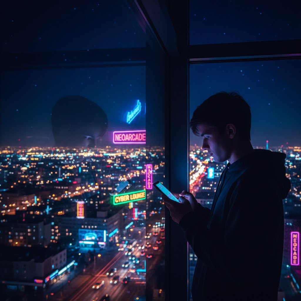 Junge Person sitzt nachts allein mit leuchtendem Smartphone am Fenster, Stadtlichter spiegeln Sehnsucht und digitale Nähe wider