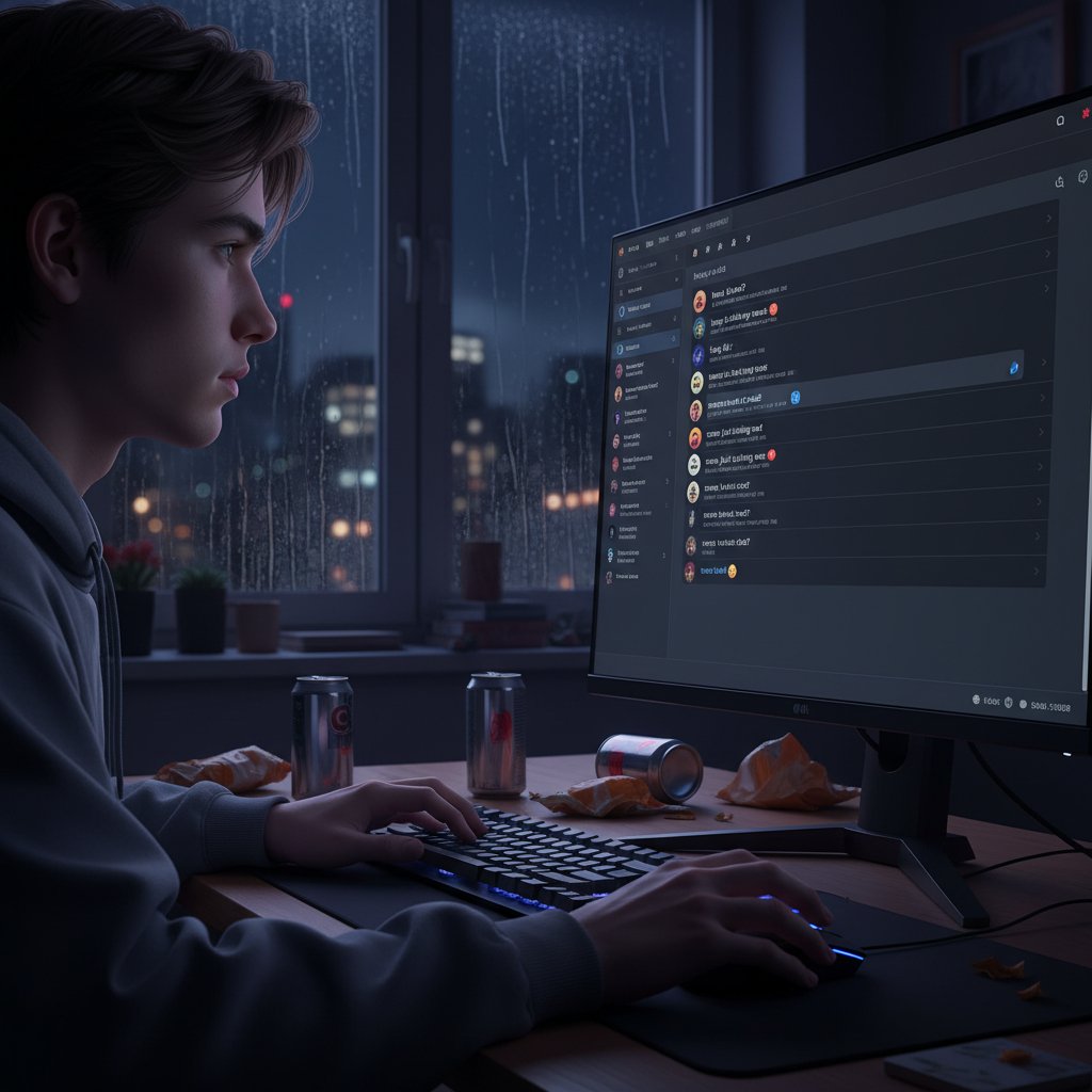 Młody człowiek rozmawiający przez komputer w nocnym świetle – nawiązanie do historii czatów