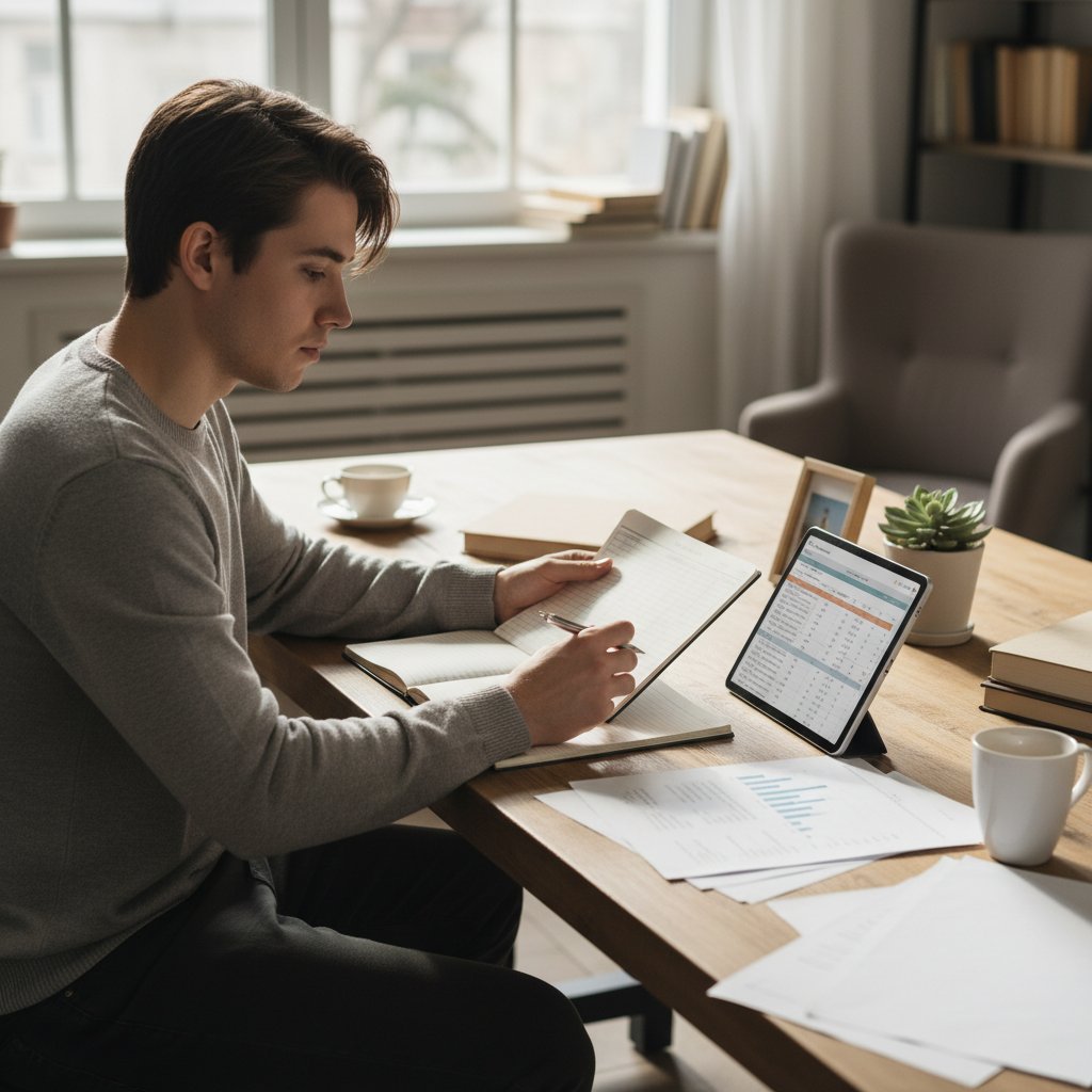 Młoda osoba z notatnikiem analizuje finanse, spokojna atmosfera, światło dzienne, poczucie kontroli