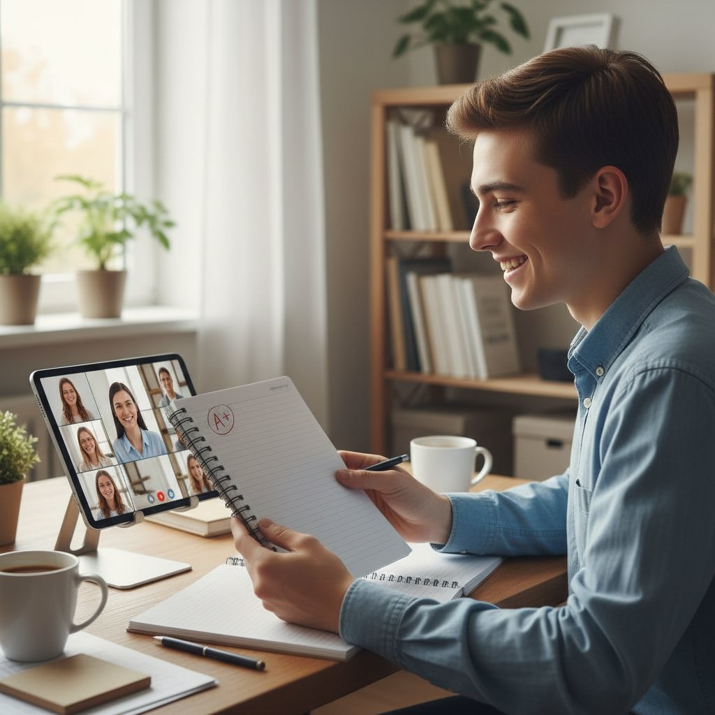 Młoda osoba pokazująca zeszyt z wyższą oceną po nauce online, satysfakcja i ulga