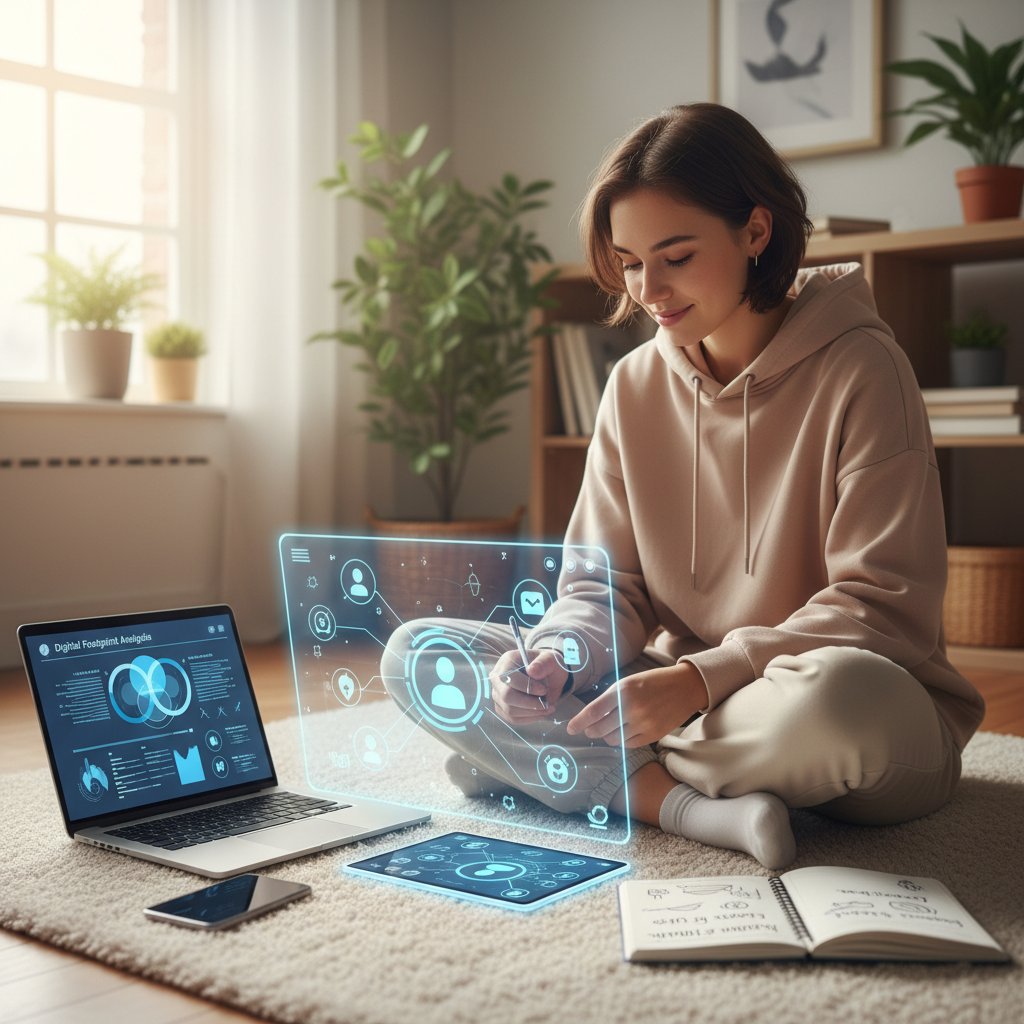 Krok po kroku do cyfrowej samoświadomości – młoda osoba z notatnikiem i laptopem