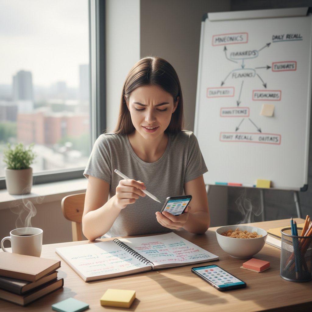 Młoda osoba z notesem i telefonem – planowanie codziennej rutyny treningu pamięci