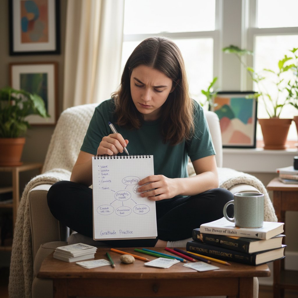 Młoda osoba z notatnikiem, wykonująca ćwiczenia autoanalizy mechanizmów obronnych