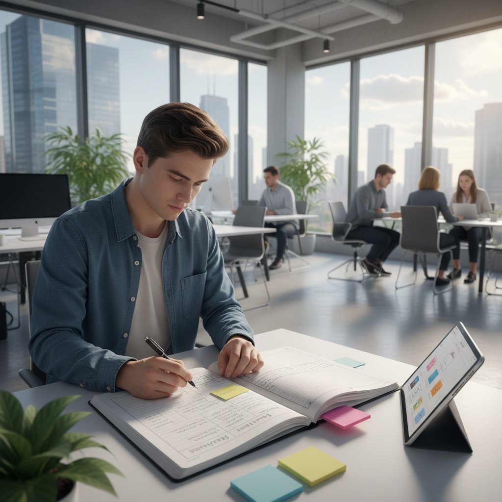 Młoda osoba z notatnikiem analizująca swoje umiejętności w nowoczesnym biurze