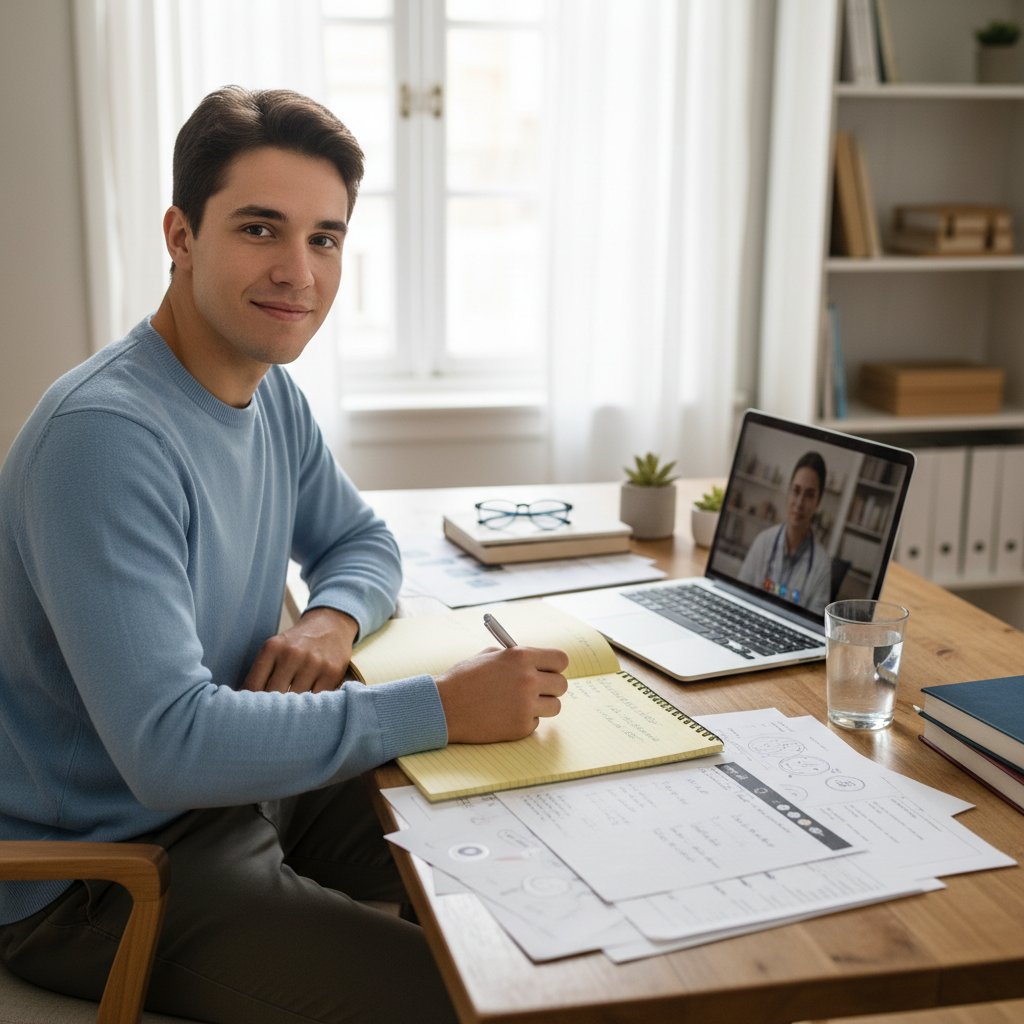 Młoda osoba przygotowująca notatki przed poradą zdrowotną online