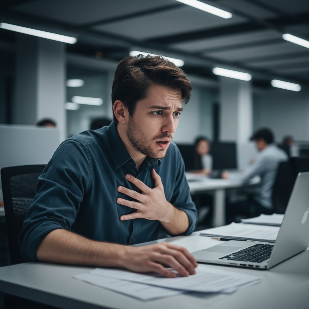 Młoda osoba doświadczająca duszności i niepokoju w biurze – objawy somatyczne wywołane stresem