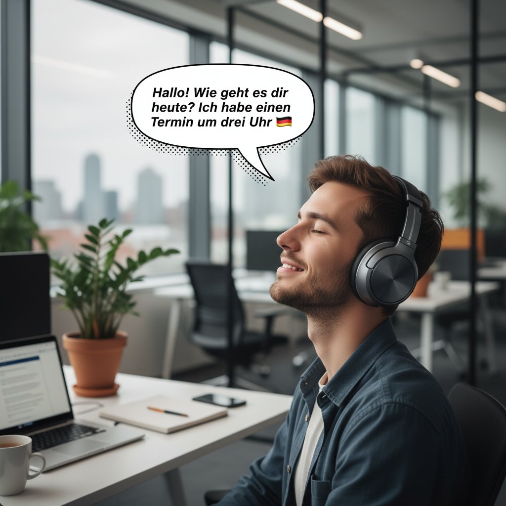 Młoda osoba w biurowcu rozmawiająca po niemiecku przez słuchawki, dynamiczne światło