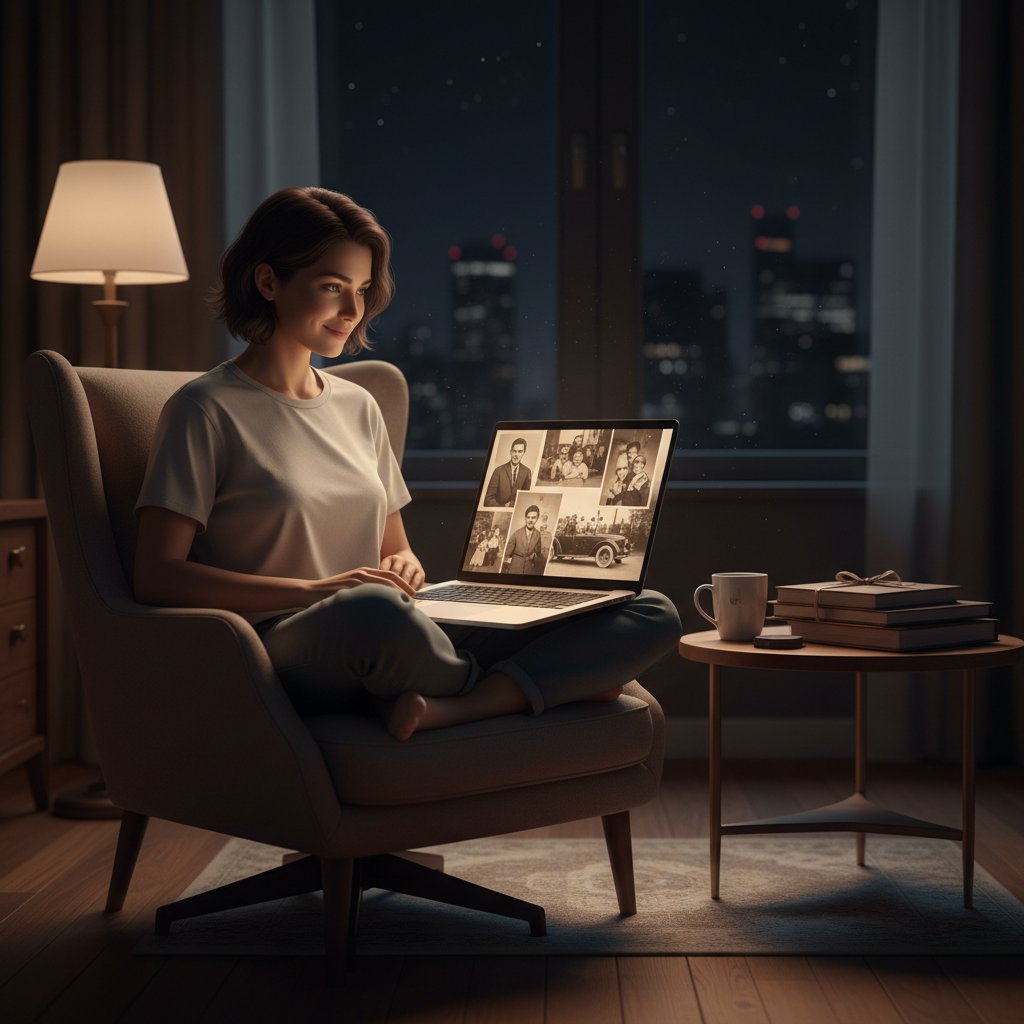 Osoba przeglądająca stare fotografie rodzinne i cyfrowe archiwa genealogiczne na laptopie