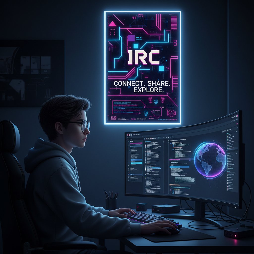 Młoda osoba rozmawiająca przez komputer, stare plakaty IRC na ścianie, współczesny design