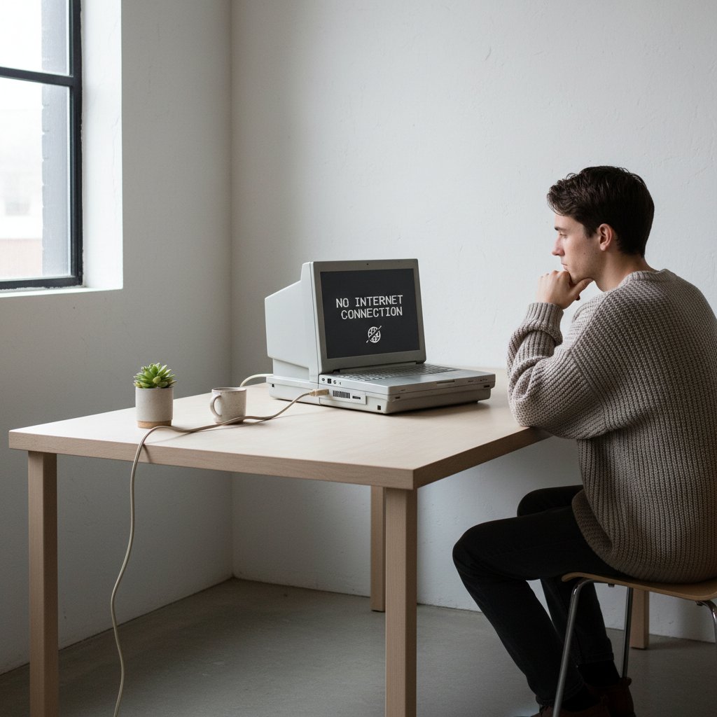 Młoda osoba pisząca na starym laptopie bez dostępu do internetu, minimalistyczne biurko