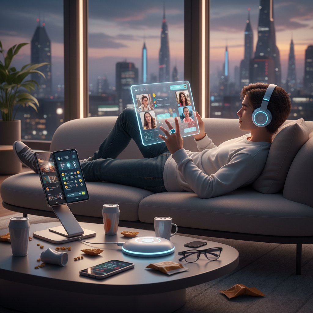 Młoda osoba rozmawia przez videochat w otoczeniu nowoczesnych gadżetów