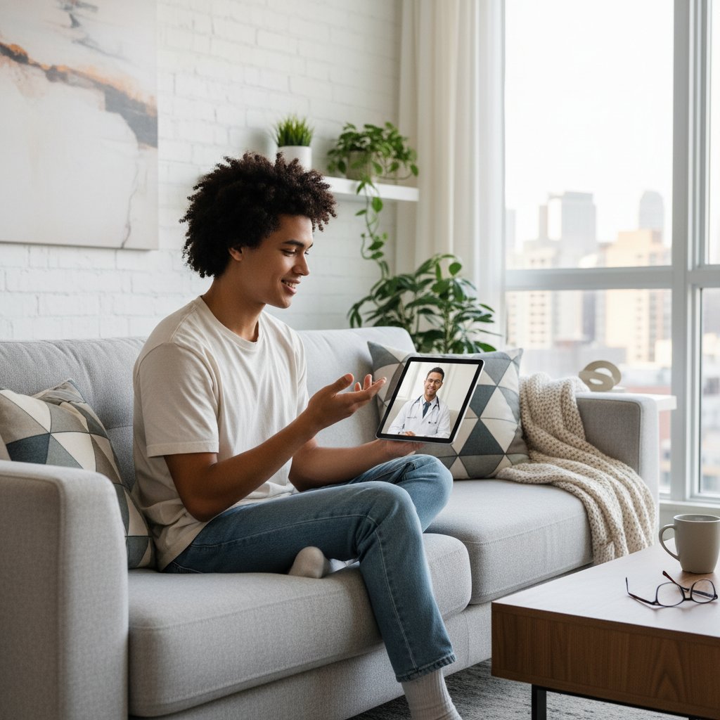 Młoda osoba korzystająca z konsultacji zdrowotnej online w domowym zaciszu, smartfon, nowoczesne wnętrze