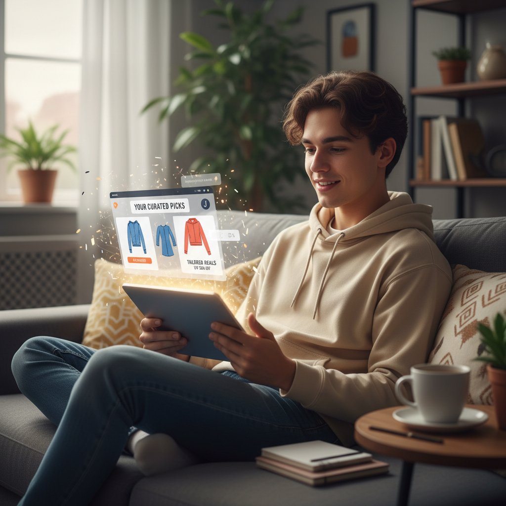 Młoda osoba przegląda ofertę sklepu online na laptopie, otoczona cyfrowymi powiadomieniami – personalizacja online