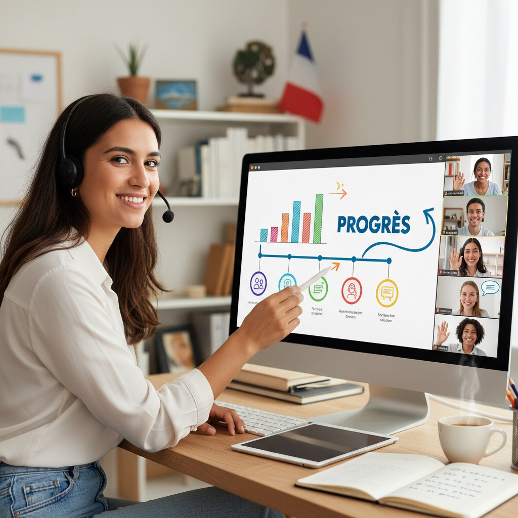 Młoda osoba połączona online z nauczycielem francuskiego, autentyczna radość z postępów, pozytywna atmosfera, interaktywność