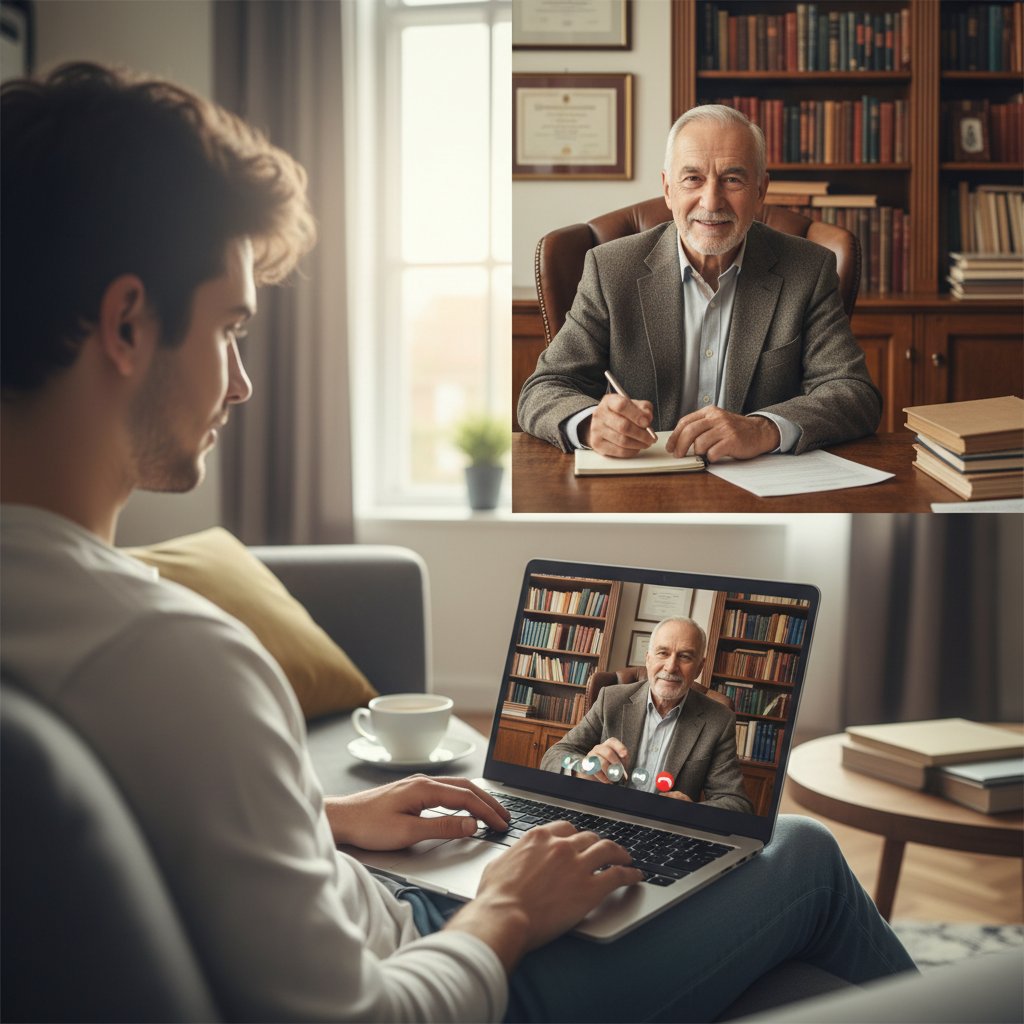 Młoda osoba rozmawiająca z psychologiem online, starsza – w tradycyjnym gabinecie