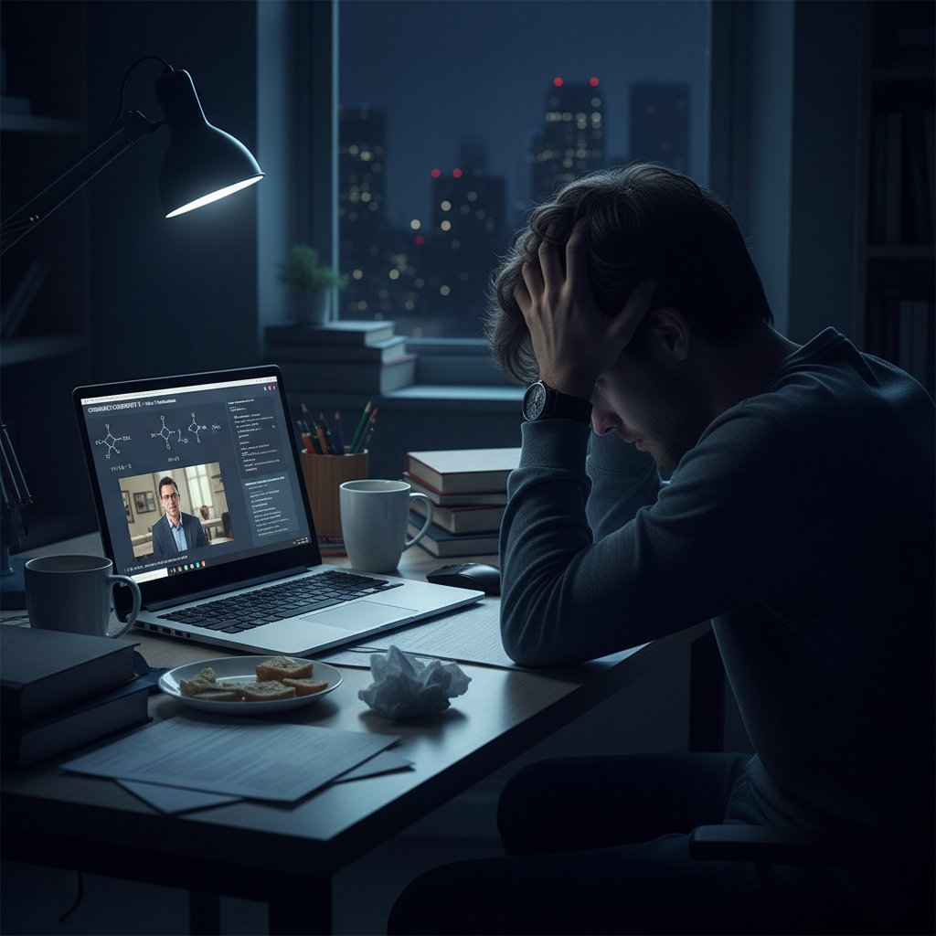 Młoda osoba siedząca przy laptopie, przytłoczona materiałami do nauki chemii online, nocna sceneria