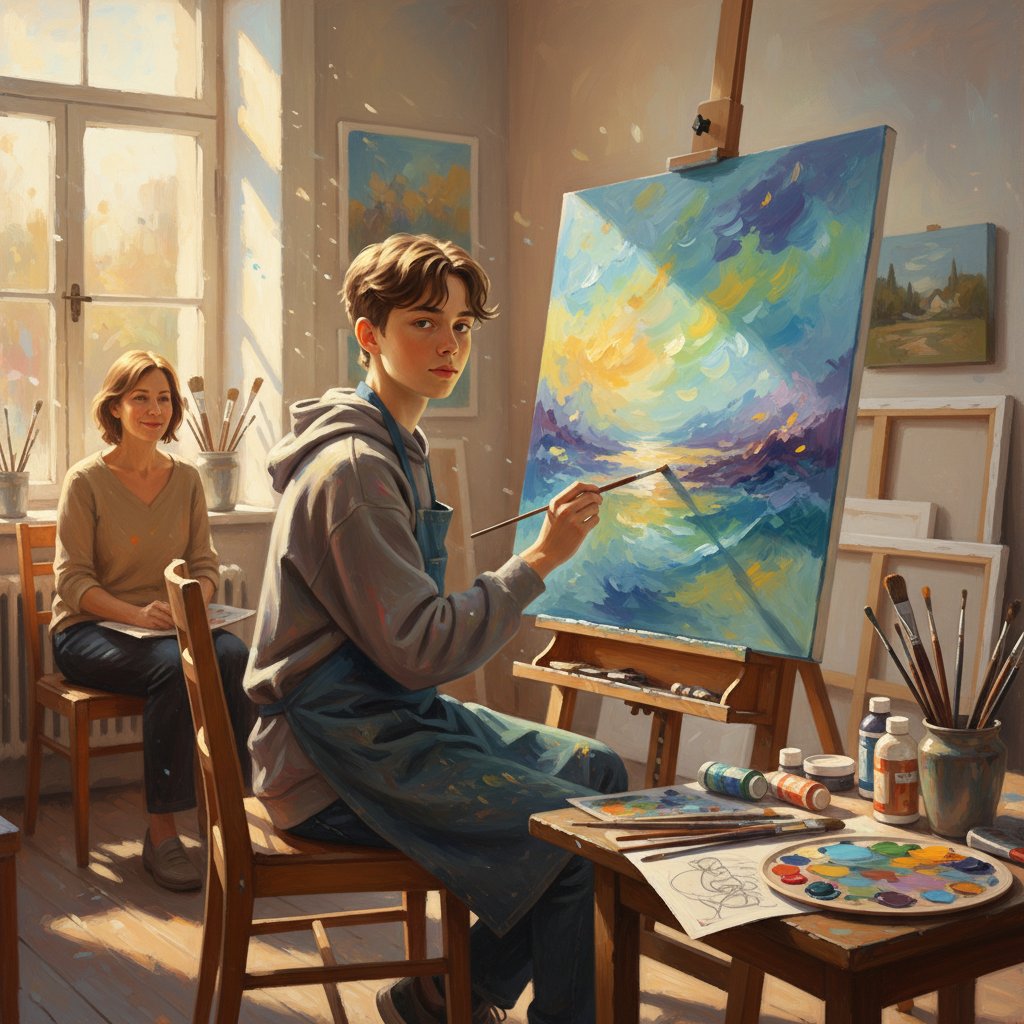 Młody człowiek malujący obraz, proces twórczy jako sposób na wyjście ze smutku