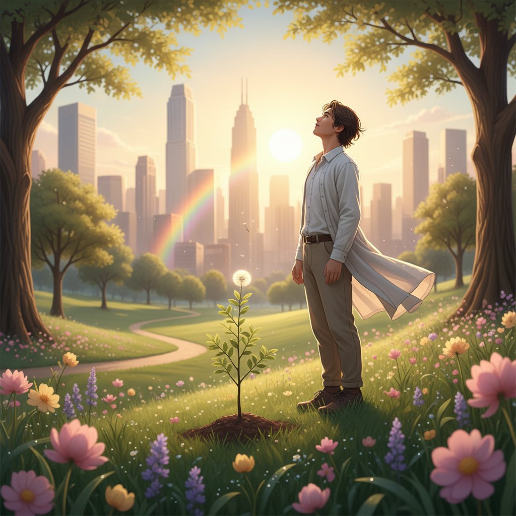 Młoda osoba w parku, zaczynająca nowy rozdział życia, symbol siły i nadziei w trudnych chwilach