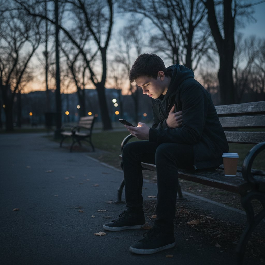 Młoda osoba w parku z telefonem – praktyczne mikro-akcje na samotność