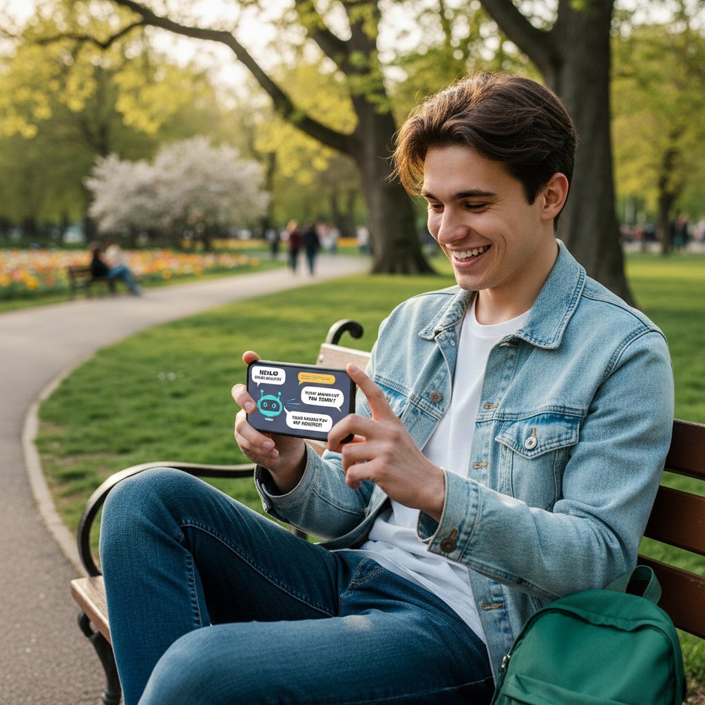 Młoda osoba w parku, z telefonem w ręce, uśmiechająca się po zakończonej rozmowie z chatbotem AI