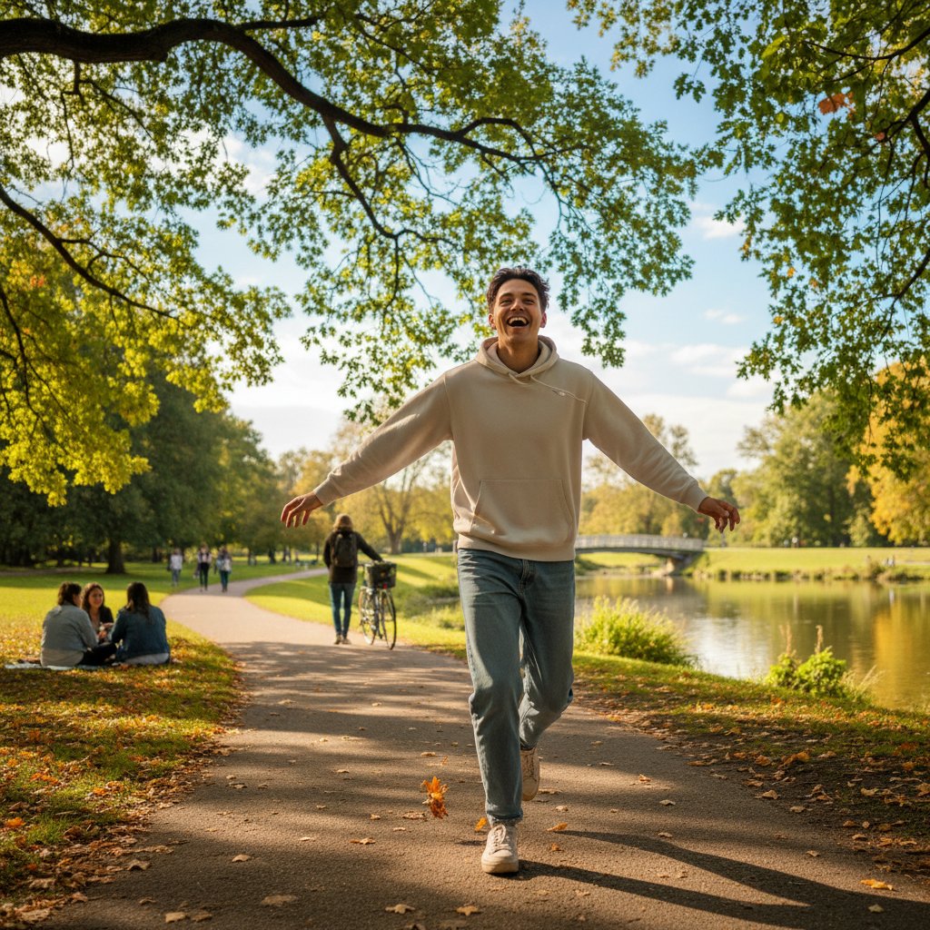 Schemat realnego życia – młoda osoba podczas spaceru po parku, słoneczny dzień, radość z ruchu
