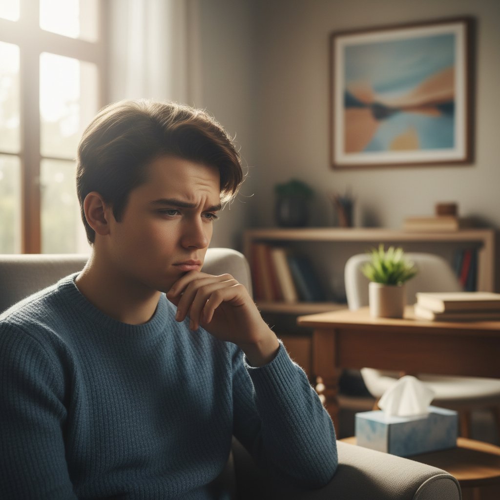 Młoda osoba z zamyślonym wyrazem twarzy, wsparcie psychologiczne