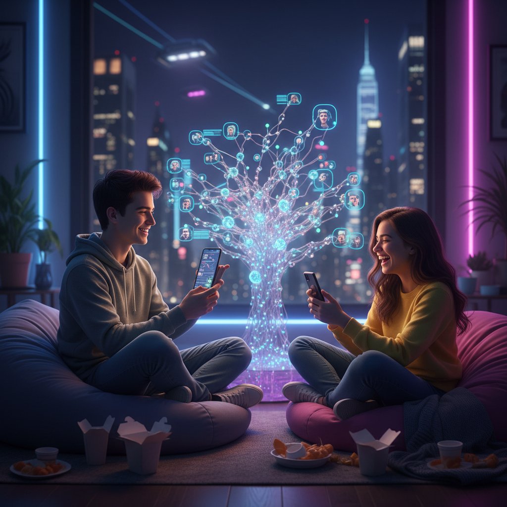 Młoda osoba wpatrzona w ekran telefonu, rozmawiająca z AI kumplem