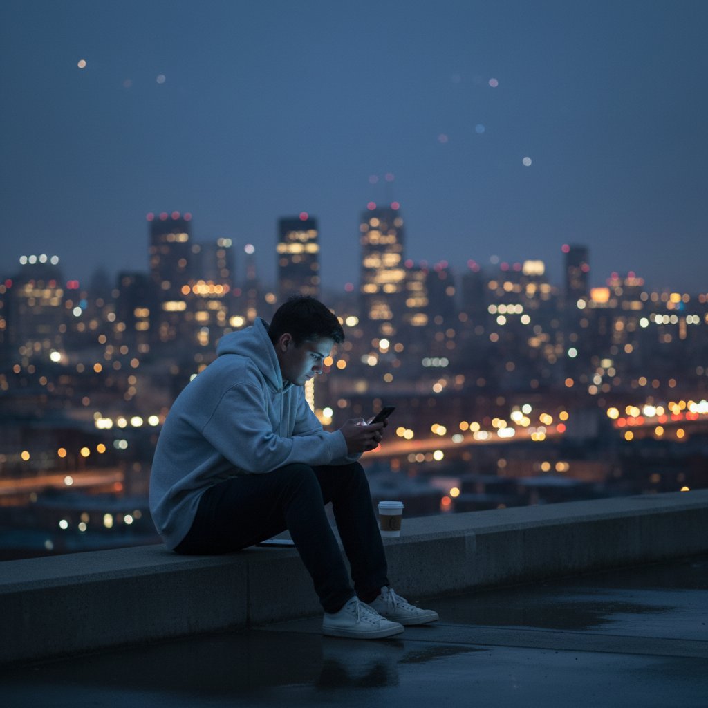 Młoda osoba patrząca na ekran telefonu, w tle rozmazane światła miasta – symbol cyfrowej samotności