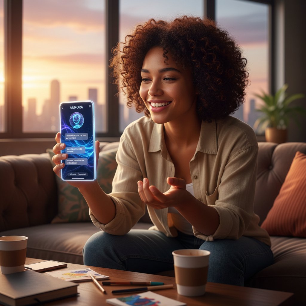 Młoda osoba rozmawiająca z AI w telefonie, poszukująca przyjaciela online