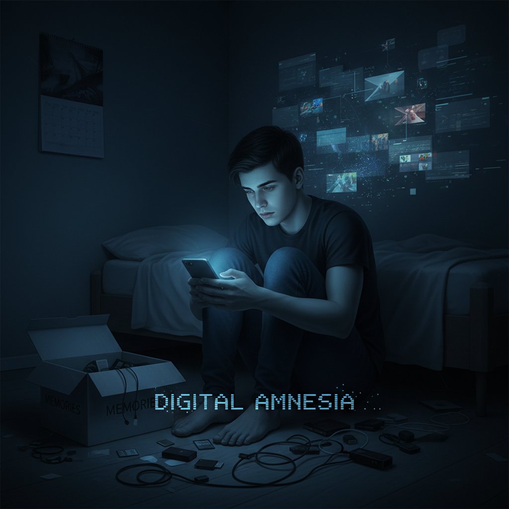 Młody człowiek patrzy w ekran telefonu w ciemnym pokoju – cyfrowa amnezja i koncentracja