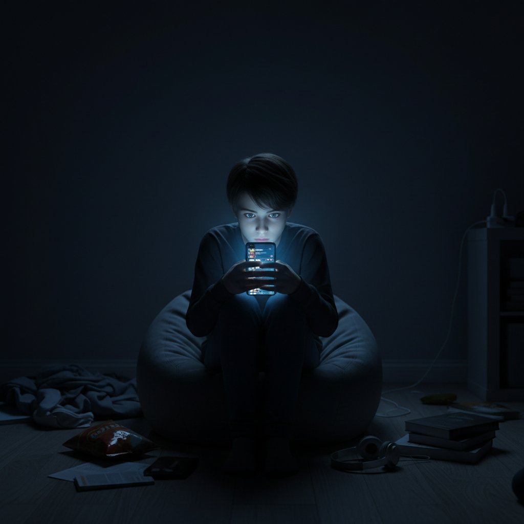 Młoda osoba wpatrzona w ekran telefonu w ciemnym pokoju – symbol rozproszenia po rozstaniu